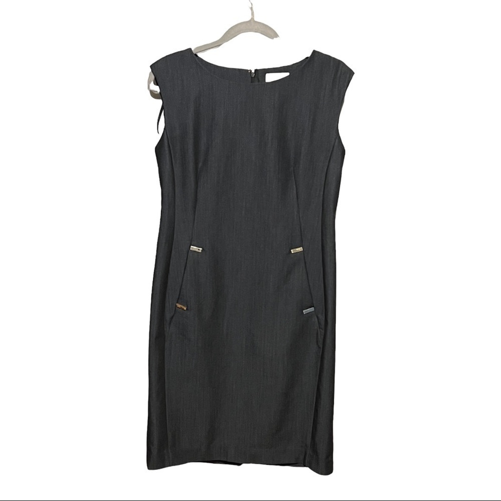 Klein Chambray Black Princess Cut Sheath Dress 8 Slimming Capped Sleeves Office
